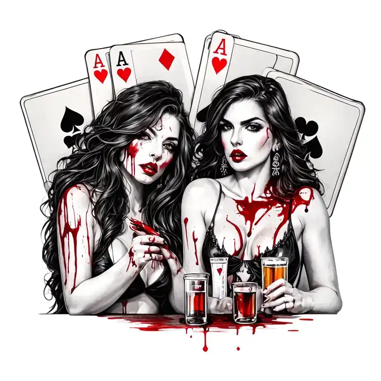  sexy bloody two women with  playing cards playing full bar tattoo design idea