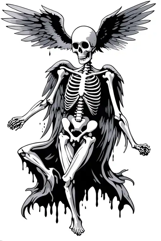 skeleton angel with tattered wings spread wide tattoo design idea