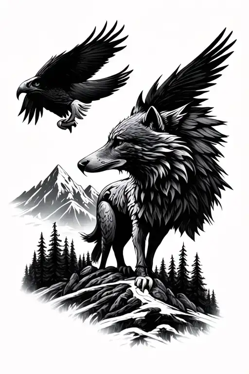 wolf, eagle, forest, mountain landscape tattoo design idea