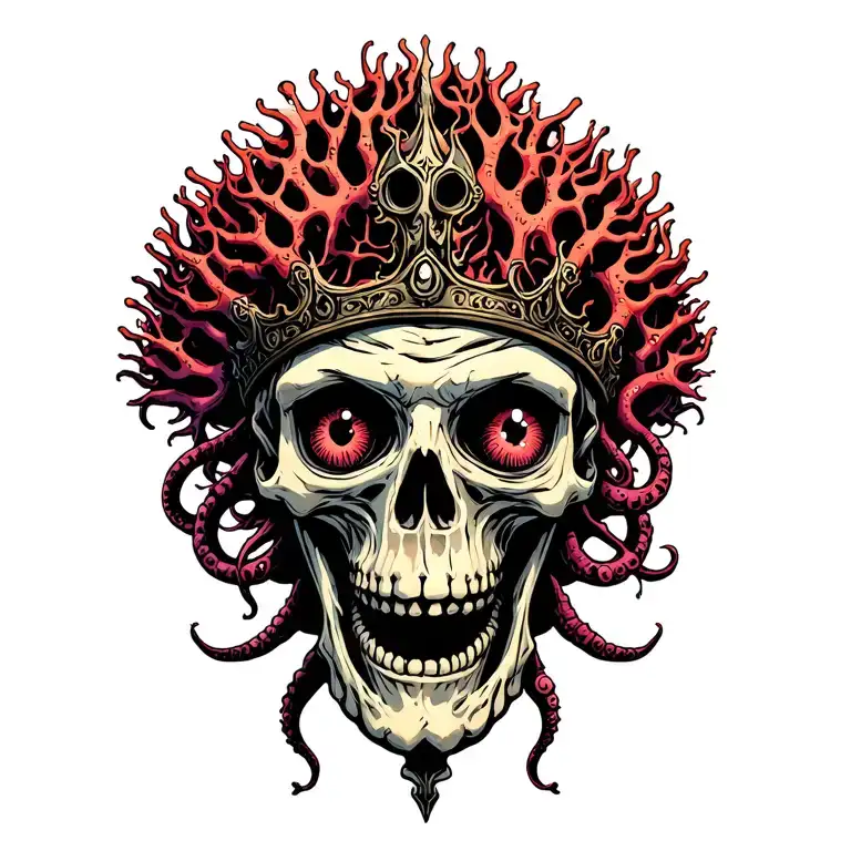 King Of Bones With A Coral Crown surrounded by eyeballs, Hades 2 Style, Eldritch, Tentacles, Lovecraftian, Deep Sea tattoo design idea