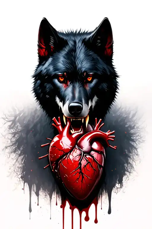 head of black wolf staring forward, red eyes, biting down on human heart in its mouth, with blood dripping down tattoo design idea