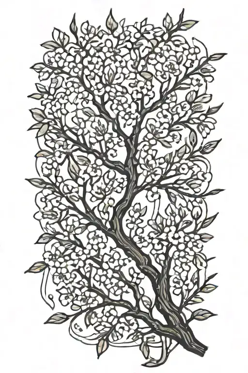 thin narrow black and white masculine cherry branch tattoo with blossoms less blossoms tattoo design idea