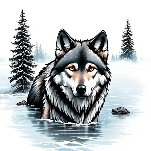 fineline tattooo of wolf on frozen lake tattoo design idea