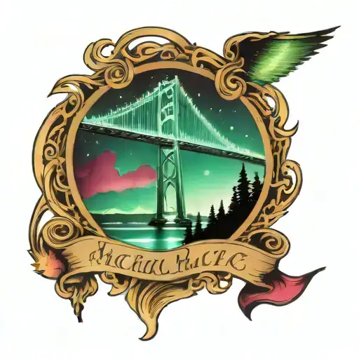 mackinac bridge with northern lights turned tattoo design idea