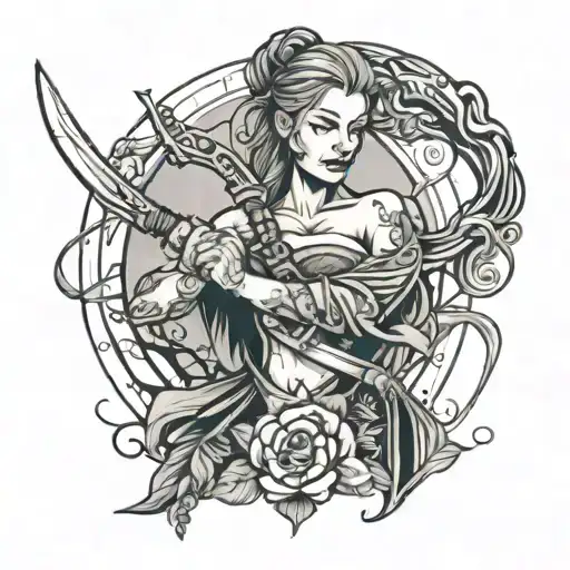 Tattoo on the forearm of a girl with a scythe, closed on the outside, on the inside, a girl with a braid opens with a se tattoo design idea