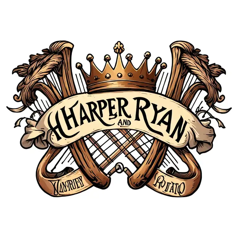 harp with crown surrounded by the names Harper and Ryan  tattoo design idea