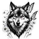 wolf, fairy flying, daisies growing tattoo design idea