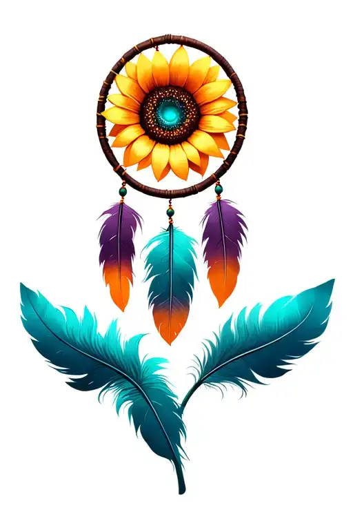dreamcatcher made of a realistic sunflower with teal center and ombre teal purple and orange skinny fluffy feathers comi tattoo design idea