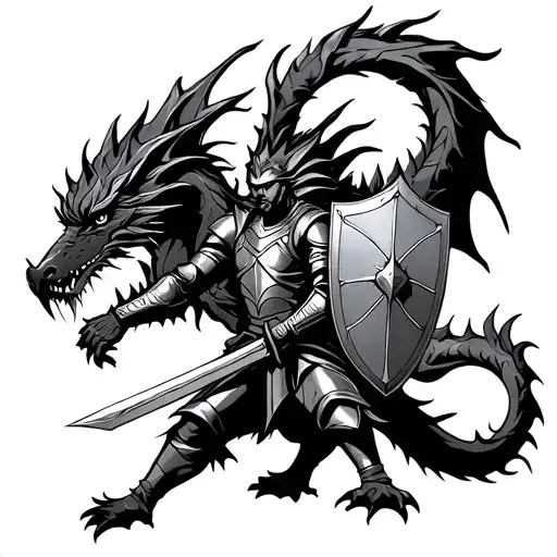 Tattoo sketch. Knight fighting with three-headed dragon. Knight holds sword and shield in his hand. Dragon and knight lo tattoo design idea