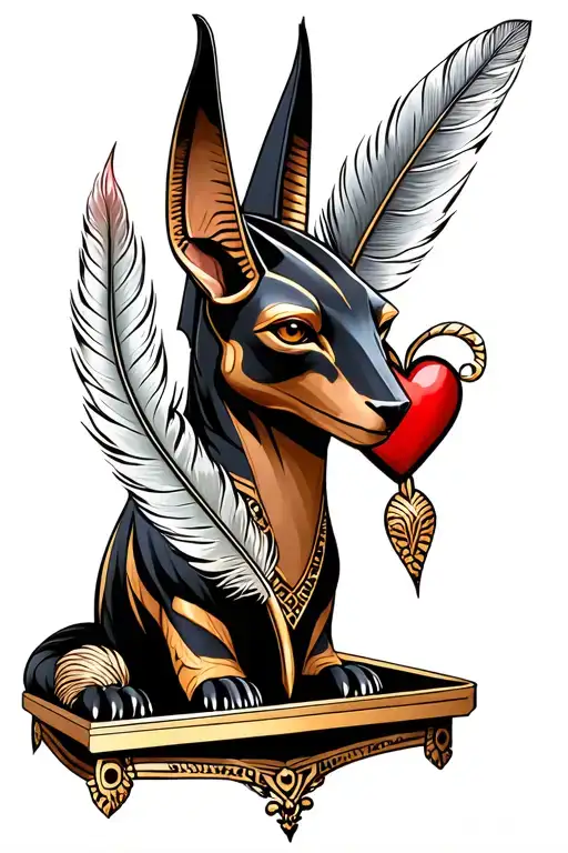 anubis with heart and feather on scale tattoo design idea