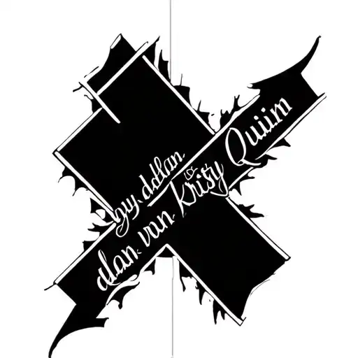 Vertical tattoo with the names dylan, kristy, dan, as side pieces with the main name being quinn. Use a pointy cross tattoo design idea