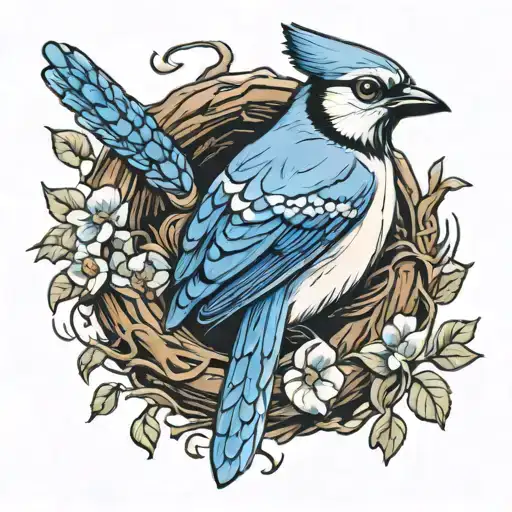 bluejay in a nest with a baby bluejay bird freedom tattoo design idea