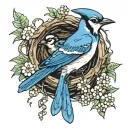 bluejay in a nest with a baby bluejay bird freedom tattoo design idea
