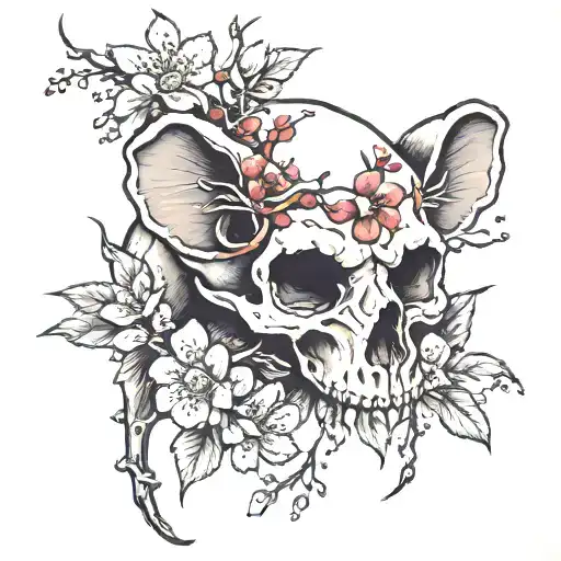 rat skull with cherry blossoms around it tattoo design idea