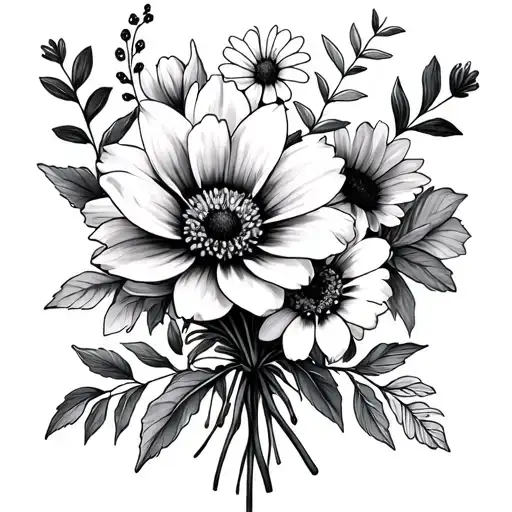 birth flowers in a bouquet, January, February, March, May, August, December birth flowers tattoo design idea