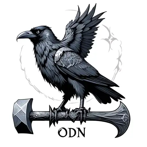 "Odin" Crow wearing Thors hammer neckless tattoo design idea