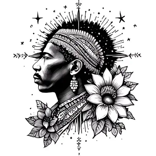 some kind of Indian Mandela with a supernova in space flowers and 22 stars tattoo design idea