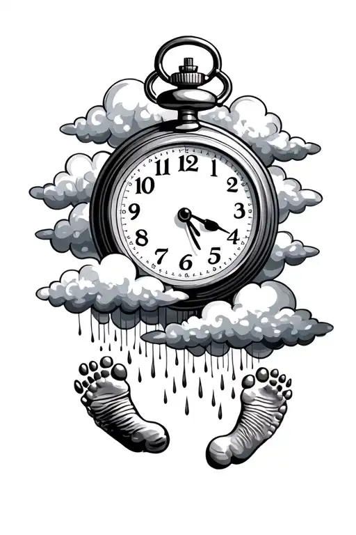 The elements of baby footprints, a vintage-style pocket watch clock, and calming clouds with rain will tattoo design idea