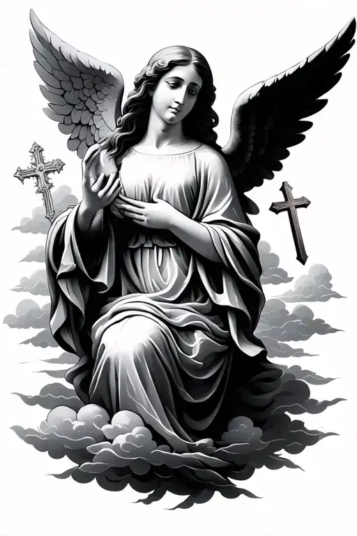 serenity prayer with small angel, cross, and clouds tattoo design idea