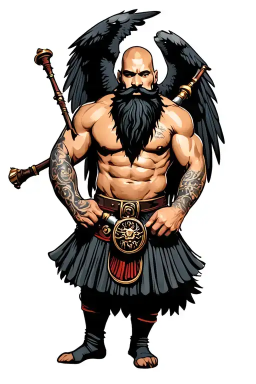 bagpipes in left arm bald shirtless muscular bagpiper black beard with two huge black wings  tattoo design idea