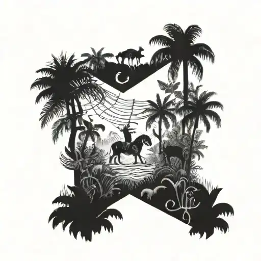 A jungle scene with hidden Liverpool FC symbols among the animals tattoo design idea