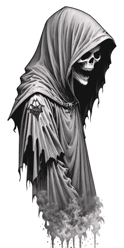 hooded reaper silohuette, smoke, fire, scary, bat wings tattoo design idea