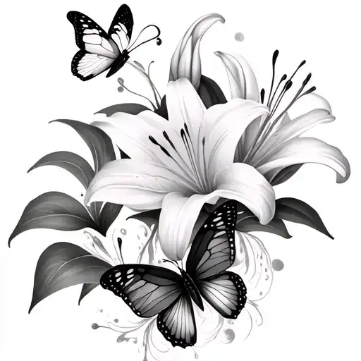 Lilies and butterflies tattoo design idea