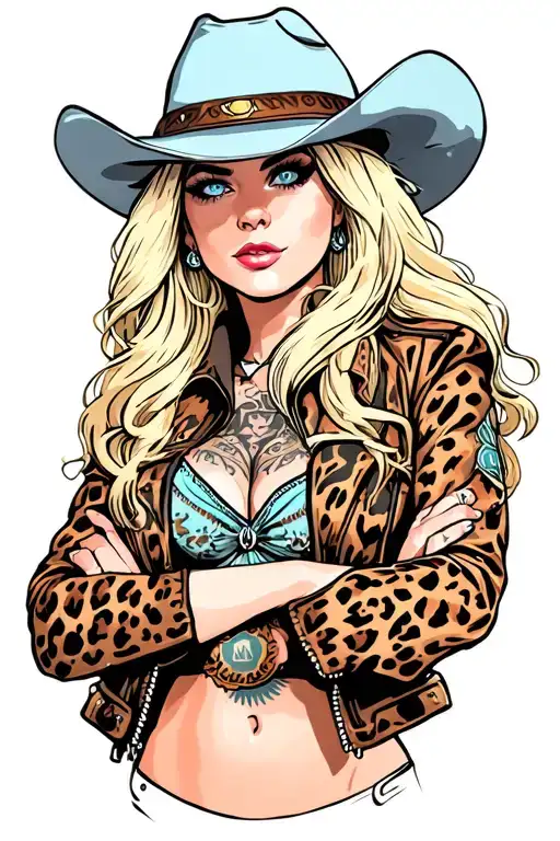 cowgirl pinup with long blonde hair side bangs blue eyes wearing a cheetah print jacket tattoo design idea