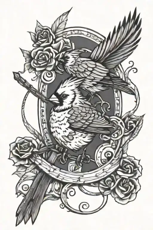 cardinal bird and horseshoe and music note and fishing pole and music note and poker cards tattoo design idea