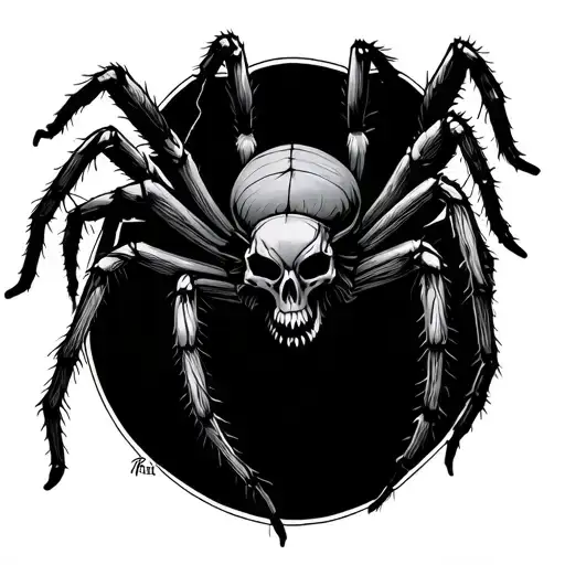 Black and gray, 8 inches on right leg below knee of a spider small skulls in its mouth walking down web  tattoo design idea