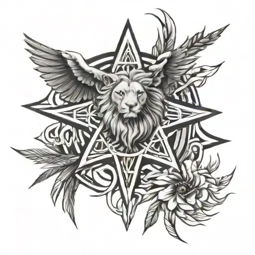  knot of reeds, eight-pointed star, lion, rosette, and dove tattoo design idea