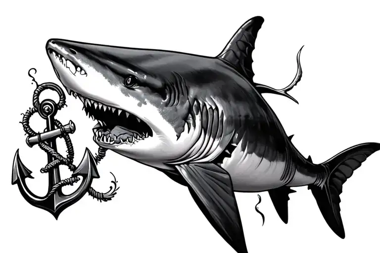 Shark with exposed rib bones and scars swiming next to an anchor tattoo design idea