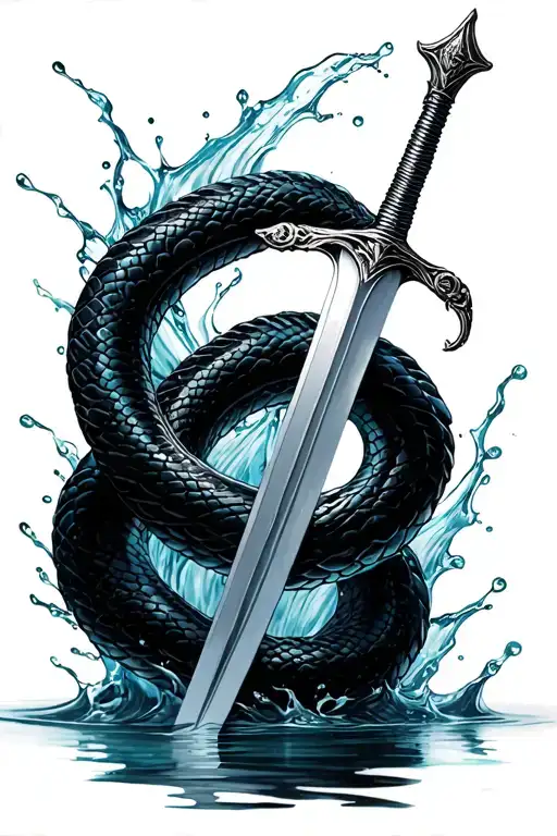 feminine sword with water splshing around it like a snake tattoo design idea