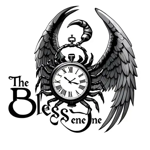 "The Blessed one" scorpion intertwined with stopwatch angel wing using Roman numerals for numbers X XXIX LXVIII tattoo design idea