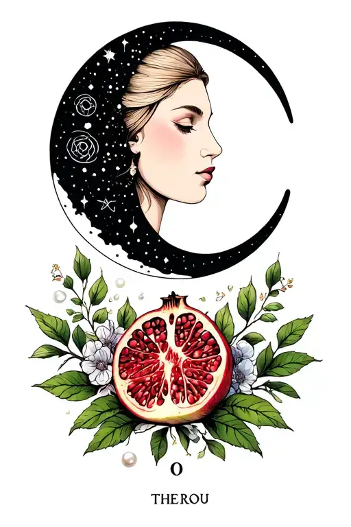 The High Priestess Tarot, moon, cosmos, sliced pomegranates, laurel, florals, leaves, pearls, air occult symbol tattoo design idea