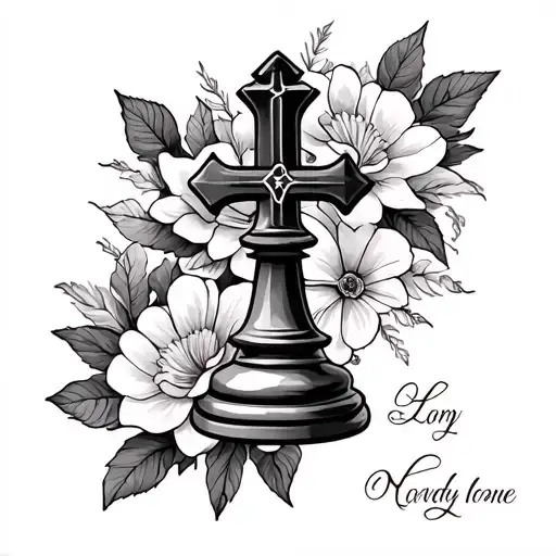 a feminine tribute tattoo featuring a delicate chess piece intertwined with a cross, in memory of a loved one  tattoo design idea