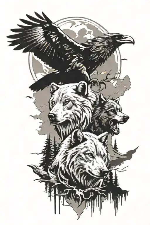 raven,wolf,bear,mountain tattoo design idea