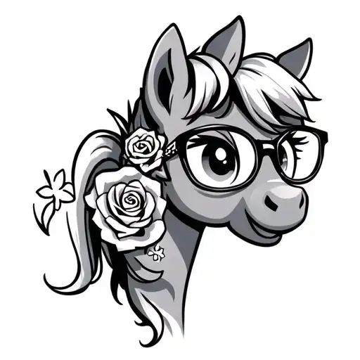 full body cartoon pony horse with glasses and rose cutie mark tattoo design idea