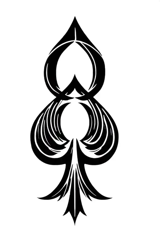 Tattoo design of a large black spade symbol with a gothic letter Q inside. Sharp tribal wings spreading symmetrically f tattoo design idea