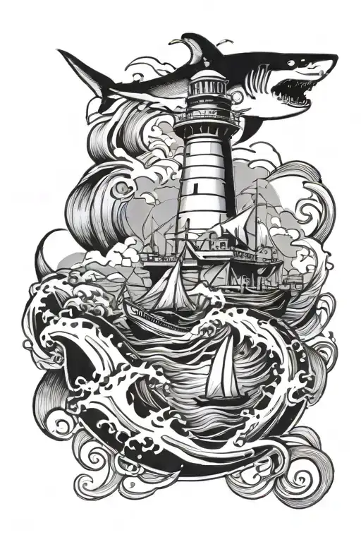 ship, shark, lighthouse and waves tattoo design idea