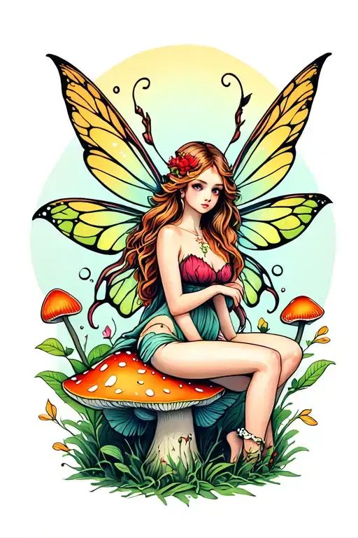 fairy sitting on mushroom tattoo design idea