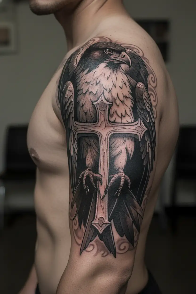 cross and hawk perched tattoo design idea