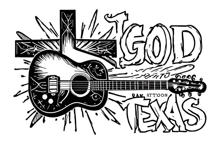 Create a tattoo for the inner bicep of a cross with a guitar leaned on it involving Texas in some way and the words god  tattoo design idea