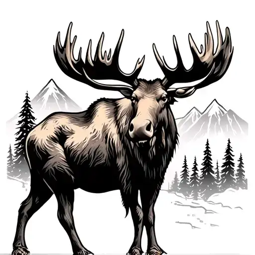 moose with trees mountins and miners tattoo design idea
