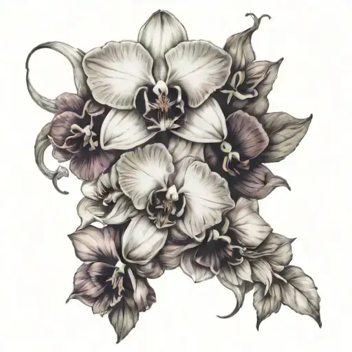 orchids intertwined with roses, geraniums, and pansy  tattoo design idea