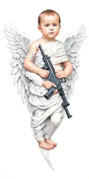 baby angel with wings wrapped while holding AK-47  guns   tattoo design idea