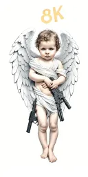 baby angel with wings wrapped while holding AK-47  guns   tattoo design idea