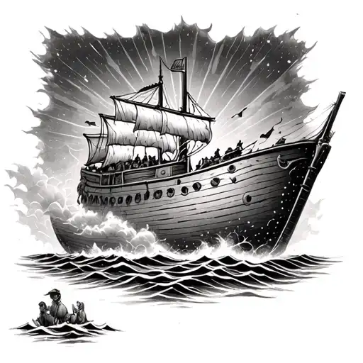 Noahs Ark Boat storm with rays of light rays coming down tattoo design idea