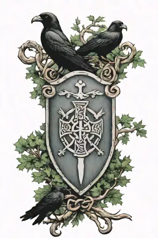 Rooker Family Crest with a celtic cross in a circle as a shield surrounded by cedar trees with  6 Crows tattoo design idea
