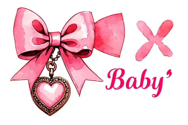 "Baby" pink sissy bow with a heart shaped locket tattoo design idea